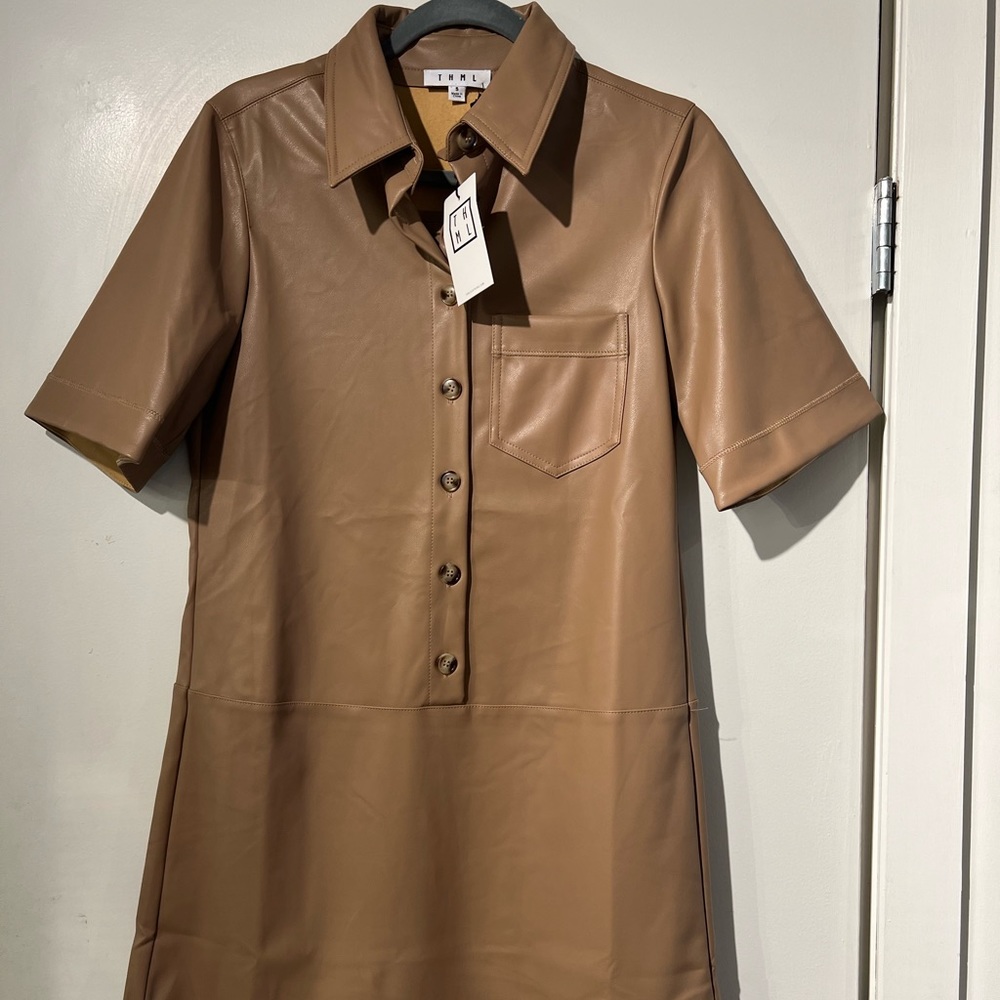 NEW THML vegan leather shirt sleeve button up dress